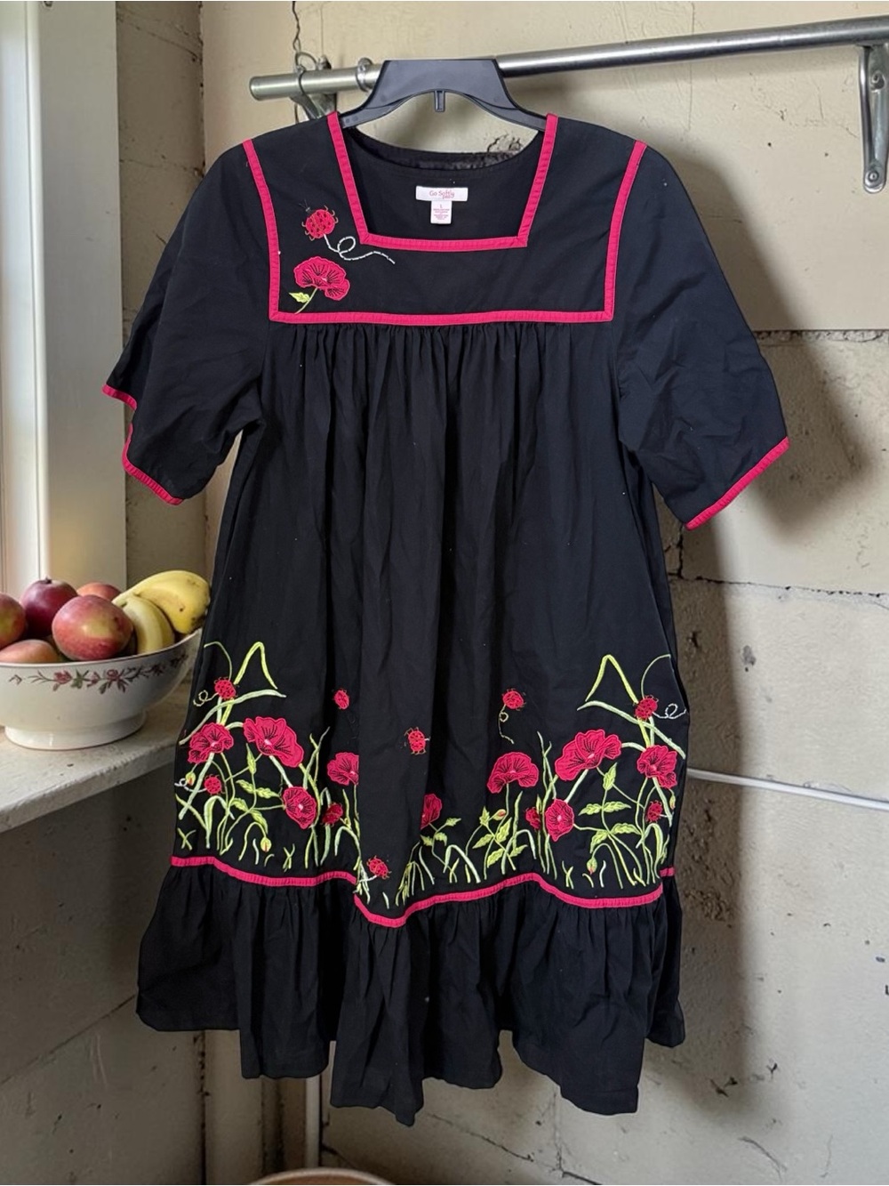Go Softly Black Midi Dress with Pink Floral Embroidery